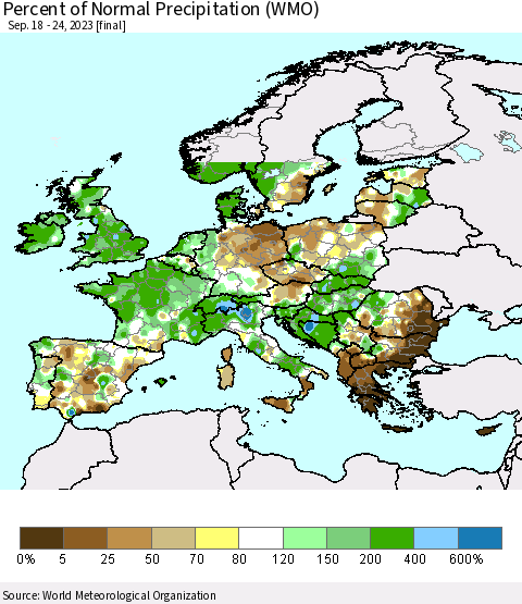Europe Percent of Normal Precipitation (WMO) Thematic Map For 9/18/2023 - 9/24/2023