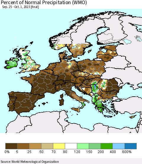 Europe Percent of Normal Precipitation (WMO) Thematic Map For 9/25/2023 - 10/1/2023