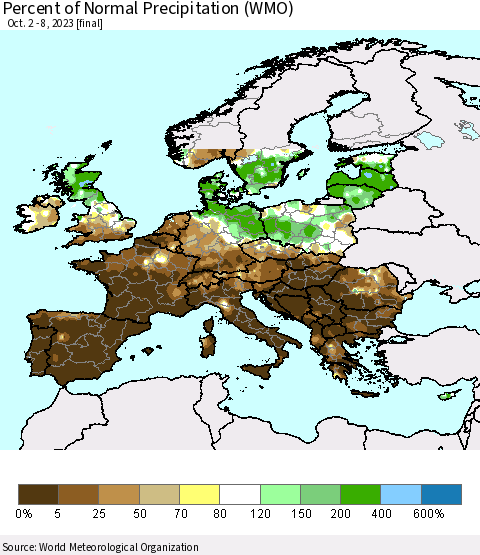 Europe Percent of Normal Precipitation (WMO) Thematic Map For 10/2/2023 - 10/8/2023
