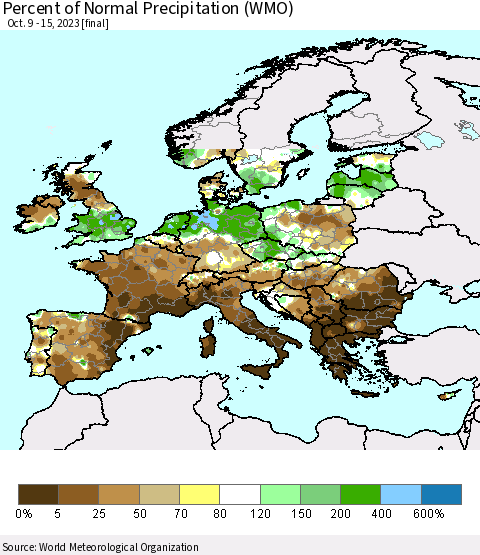Europe Percent of Normal Precipitation (WMO) Thematic Map For 10/9/2023 - 10/15/2023
