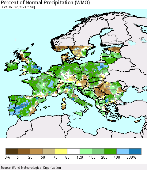 Europe Percent of Normal Precipitation (WMO) Thematic Map For 10/16/2023 - 10/22/2023