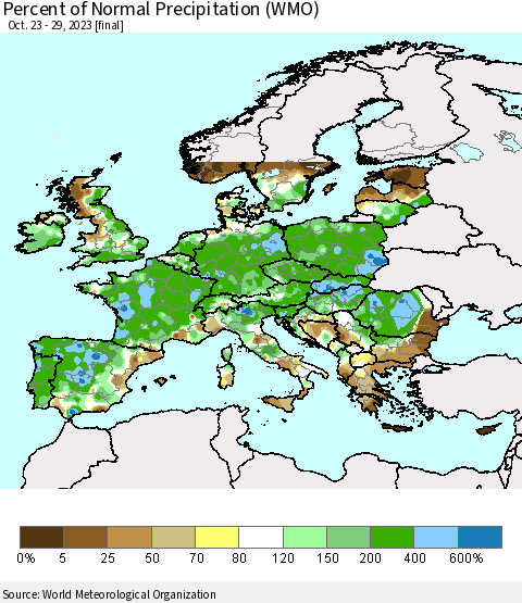 Europe Percent of Normal Precipitation (WMO) Thematic Map For 10/23/2023 - 10/29/2023