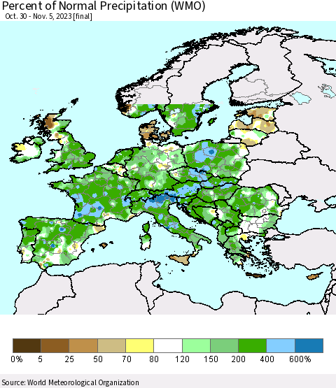 Europe Percent of Normal Precipitation (WMO) Thematic Map For 10/30/2023 - 11/5/2023