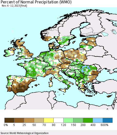 Europe Percent of Normal Precipitation (WMO) Thematic Map For 11/6/2023 - 11/12/2023