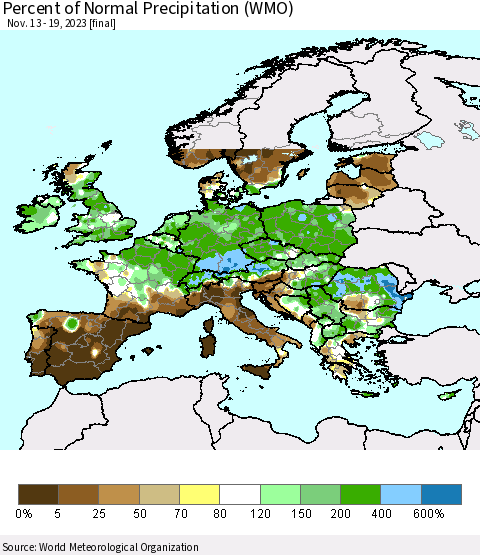 Europe Percent of Normal Precipitation (WMO) Thematic Map For 11/13/2023 - 11/19/2023