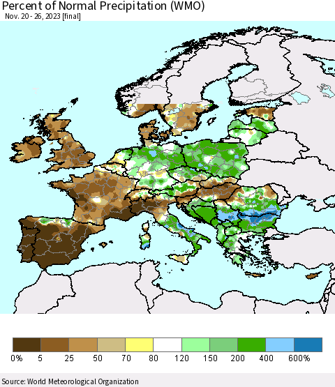 Europe Percent of Normal Precipitation (WMO) Thematic Map For 11/20/2023 - 11/26/2023