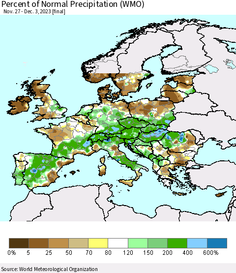 Europe Percent of Normal Precipitation (WMO) Thematic Map For 11/27/2023 - 12/3/2023