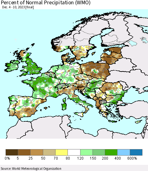 Europe Percent of Normal Precipitation (WMO) Thematic Map For 12/4/2023 - 12/10/2023