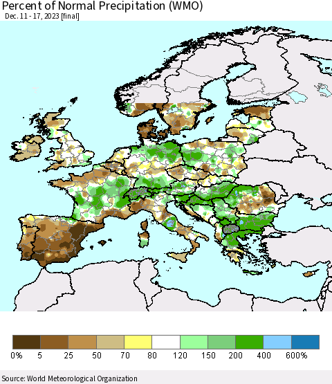 Europe Percent of Normal Precipitation (WMO) Thematic Map For 12/11/2023 - 12/17/2023