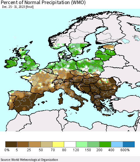 Europe Percent of Normal Precipitation (WMO) Thematic Map For 12/25/2023 - 12/31/2023