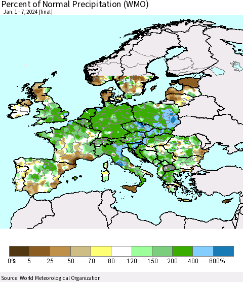 Europe Percent of Normal Precipitation (WMO) Thematic Map For 1/1/2024 - 1/7/2024