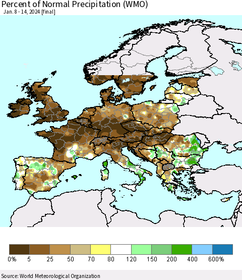 Europe Percent of Normal Precipitation (WMO) Thematic Map For 1/8/2024 - 1/14/2024