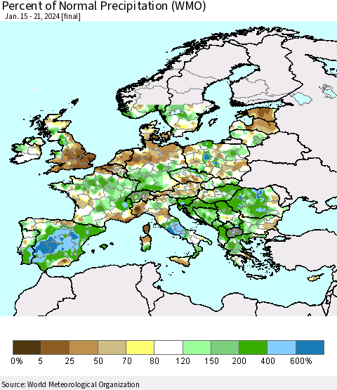 Europe Percent of Normal Precipitation (WMO) Thematic Map For 1/15/2024 - 1/21/2024