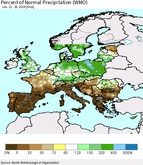 Europe Percent of Normal Precipitation (WMO) Thematic Map For 1/22/2024 - 1/28/2024