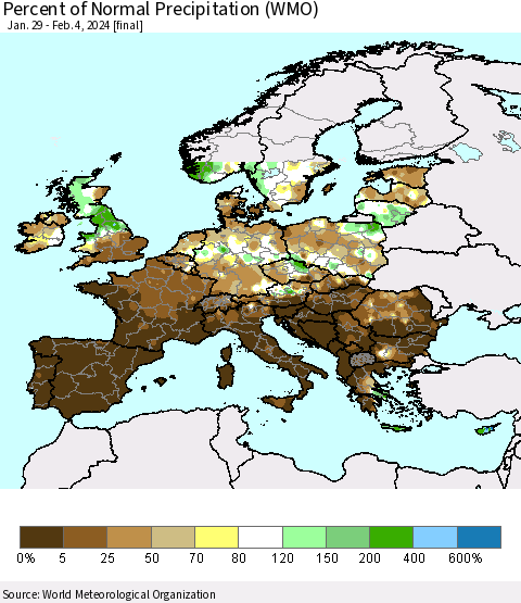Europe Percent of Normal Precipitation (WMO) Thematic Map For 1/29/2024 - 2/4/2024