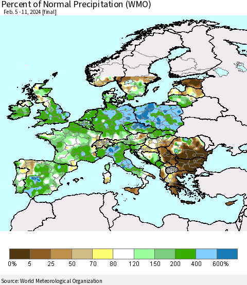 Europe Percent of Normal Precipitation (WMO) Thematic Map For 2/5/2024 - 2/11/2024