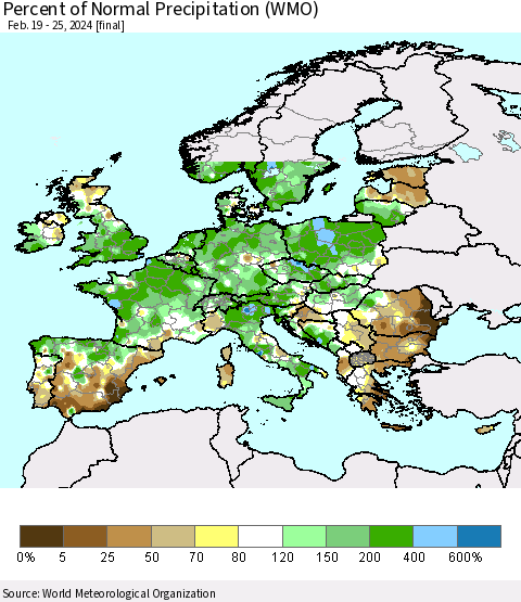 Europe Percent of Normal Precipitation (WMO) Thematic Map For 2/19/2024 - 2/25/2024