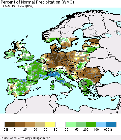 Europe Percent of Normal Precipitation (WMO) Thematic Map For 2/26/2024 - 3/3/2024