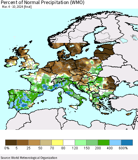 Europe Percent of Normal Precipitation (WMO) Thematic Map For 3/4/2024 - 3/10/2024