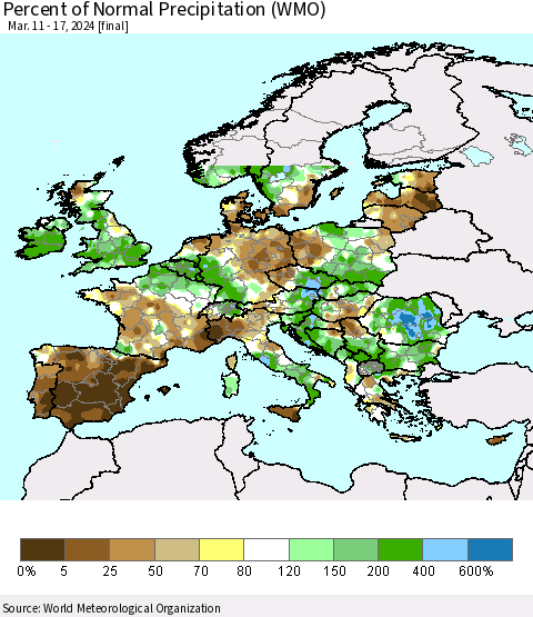 Europe Percent of Normal Precipitation (WMO) Thematic Map For 3/11/2024 - 3/17/2024