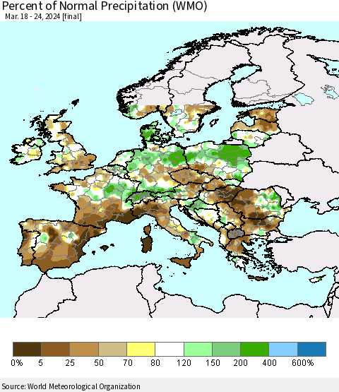 Europe Percent of Normal Precipitation (WMO) Thematic Map For 3/18/2024 - 3/24/2024