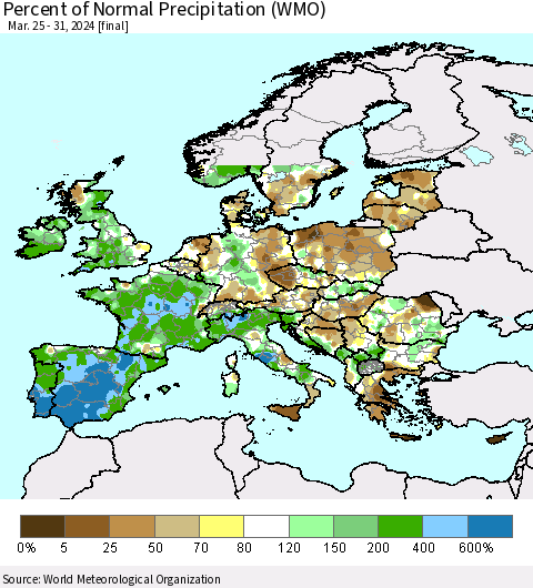 Europe Percent of Normal Precipitation (WMO) Thematic Map For 3/25/2024 - 3/31/2024