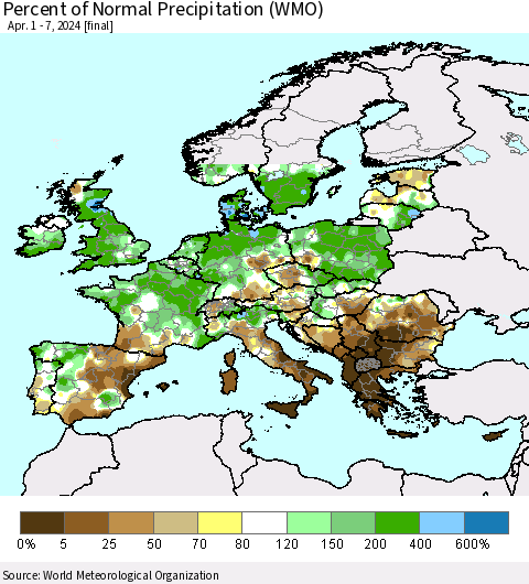 Europe Percent of Normal Precipitation (WMO) Thematic Map For 4/1/2024 - 4/7/2024
