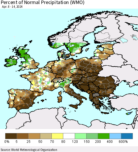 Europe Percent of Normal Precipitation (WMO) Thematic Map For 4/8/2024 - 4/14/2024