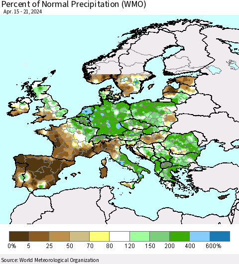 Europe Percent of Normal Precipitation (WMO) Thematic Map For 4/15/2024 - 4/21/2024