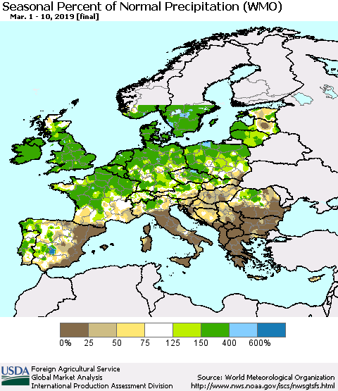 Europe Seasonal Percent of Normal Precipitation (WMO) Thematic Map For 3/1/2019 - 3/10/2019