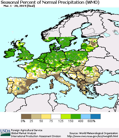 Europe Seasonal Percent of Normal Precipitation (WMO) Thematic Map For 3/1/2019 - 3/20/2019