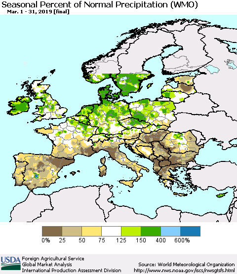 Europe Seasonal Percent of Normal Precipitation (WMO) Thematic Map For 3/1/2019 - 3/31/2019