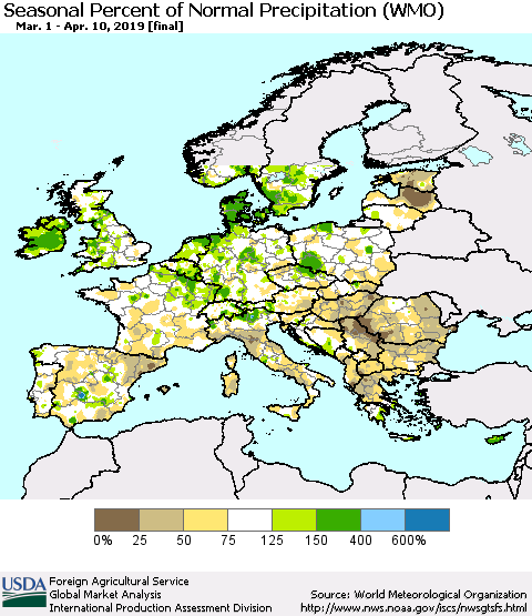 Europe Seasonal Percent of Normal Precipitation (WMO) Thematic Map For 3/1/2019 - 4/10/2019