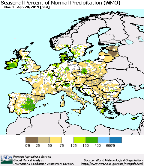 Europe Seasonal Percent of Normal Precipitation (WMO) Thematic Map For 3/1/2019 - 4/20/2019