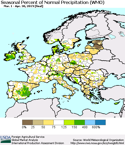 Europe Seasonal Percent of Normal Precipitation (WMO) Thematic Map For 3/1/2019 - 4/30/2019