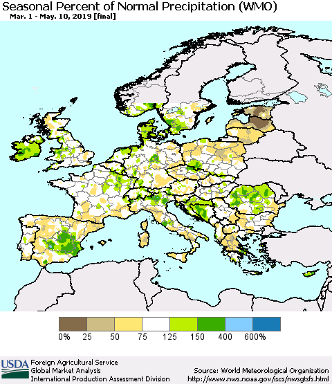 Europe Seasonal Percent of Normal Precipitation (WMO) Thematic Map For 3/1/2019 - 5/10/2019