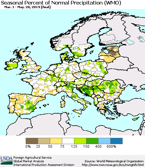 Europe Seasonal Percent of Normal Precipitation (WMO) Thematic Map For 3/1/2019 - 5/20/2019