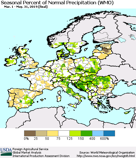 Europe Seasonal Percent of Normal Precipitation (WMO) Thematic Map For 3/1/2019 - 5/31/2019