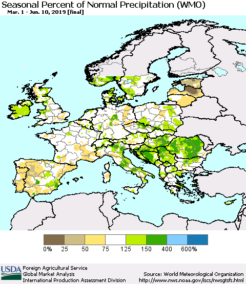 Europe Seasonal Percent of Normal Precipitation (WMO) Thematic Map For 3/1/2019 - 6/10/2019
