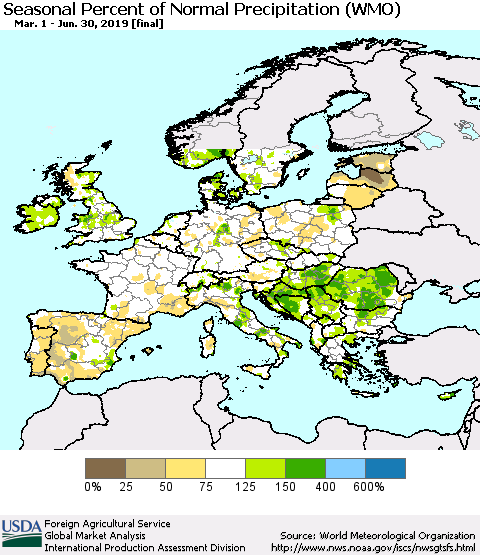 Europe Seasonal Percent of Normal Precipitation (WMO) Thematic Map For 3/1/2019 - 6/30/2019