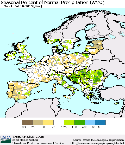 Europe Seasonal Percent of Normal Precipitation (WMO) Thematic Map For 3/1/2019 - 7/10/2019
