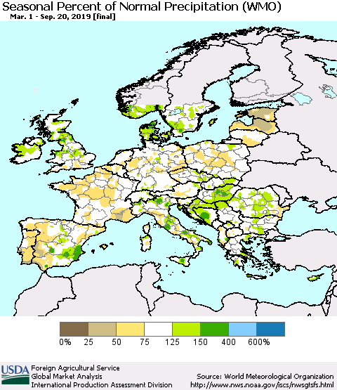 Europe Seasonal Percent of Normal Precipitation (WMO) Thematic Map For 3/1/2019 - 9/20/2019