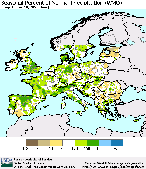 Europe Seasonal Percent of Normal Precipitation (WMO) Thematic Map For 9/1/2019 - 1/10/2020