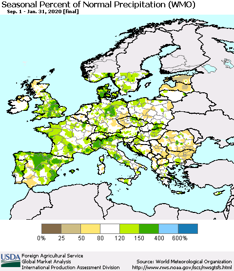 Europe Seasonal Percent of Normal Precipitation (WMO) Thematic Map For 9/1/2019 - 1/31/2020
