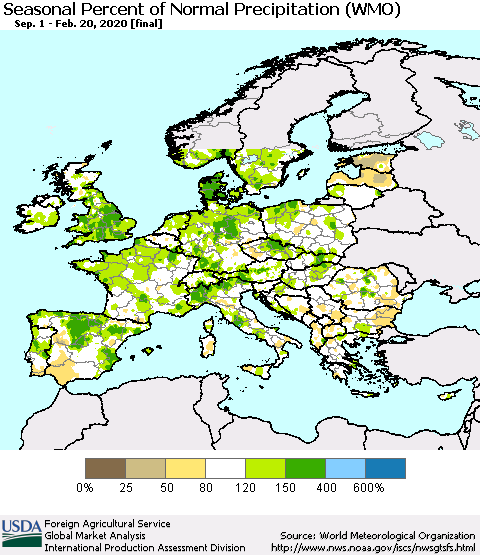 Europe Seasonal Percent of Normal Precipitation (WMO) Thematic Map For 9/1/2019 - 2/20/2020