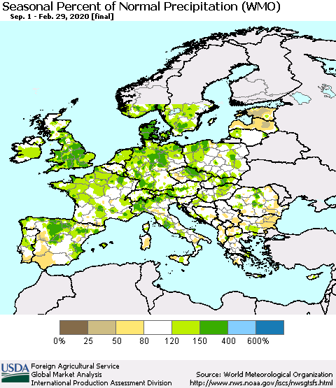 Europe Seasonal Percent of Normal Precipitation (WMO) Thematic Map For 9/1/2019 - 2/29/2020