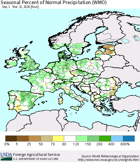 Europe Seasonal Percent of Normal Precipitation (WMO) Thematic Map For 9/1/2019 - 3/31/2020