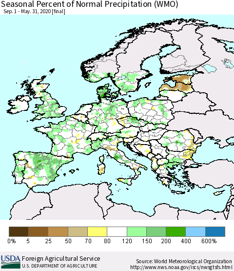 Europe Seasonal Percent of Normal Precipitation (WMO) Thematic Map For 9/1/2019 - 5/31/2020