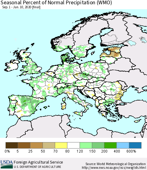Europe Seasonal Percent of Normal Precipitation (WMO) Thematic Map For 9/1/2019 - 6/10/2020