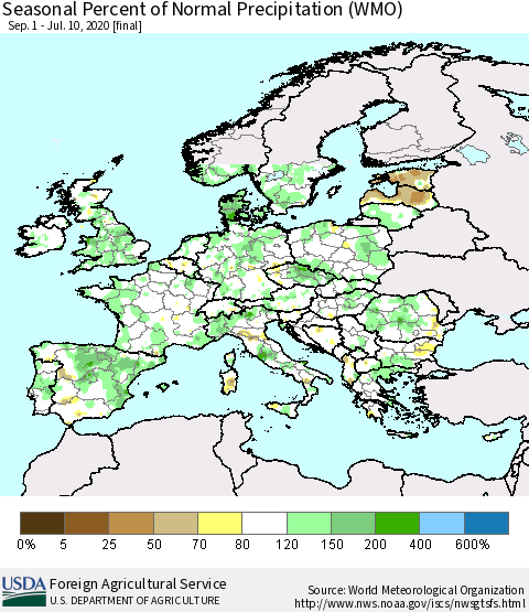 Europe Seasonal Percent of Normal Precipitation (WMO) Thematic Map For 9/1/2019 - 7/10/2020